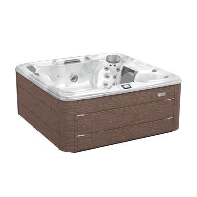 Square hot tub with brown exterior, white interior, and various water jets.