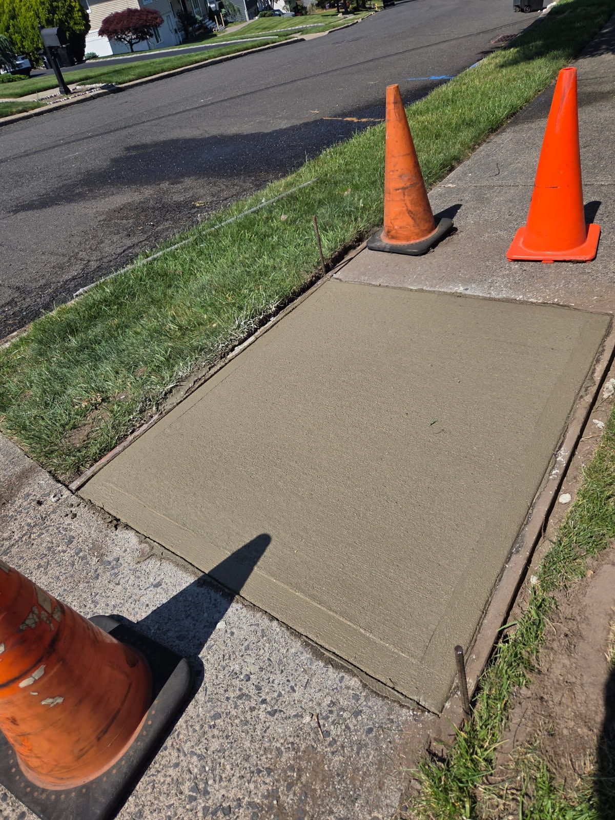 Sidewalk repair panel bordered by grass and three orange traffic cones along a street.