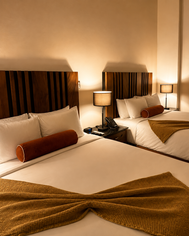 Dos camas queen en una habitación de hotel con ropa de cama blanca y cabeceros y suelos de madera de color marrón.