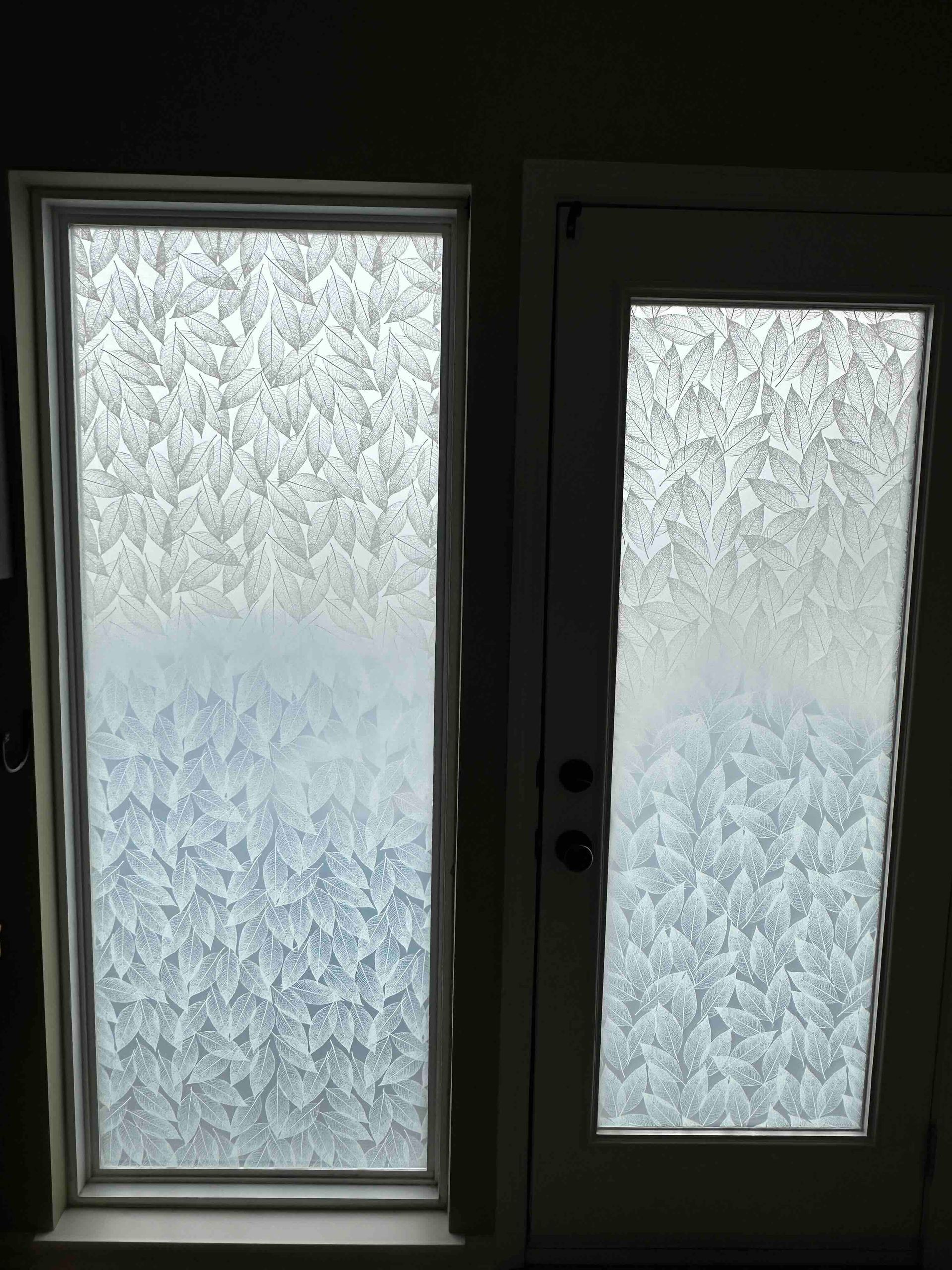 Frosted window and door with geometric pattern, indoors.