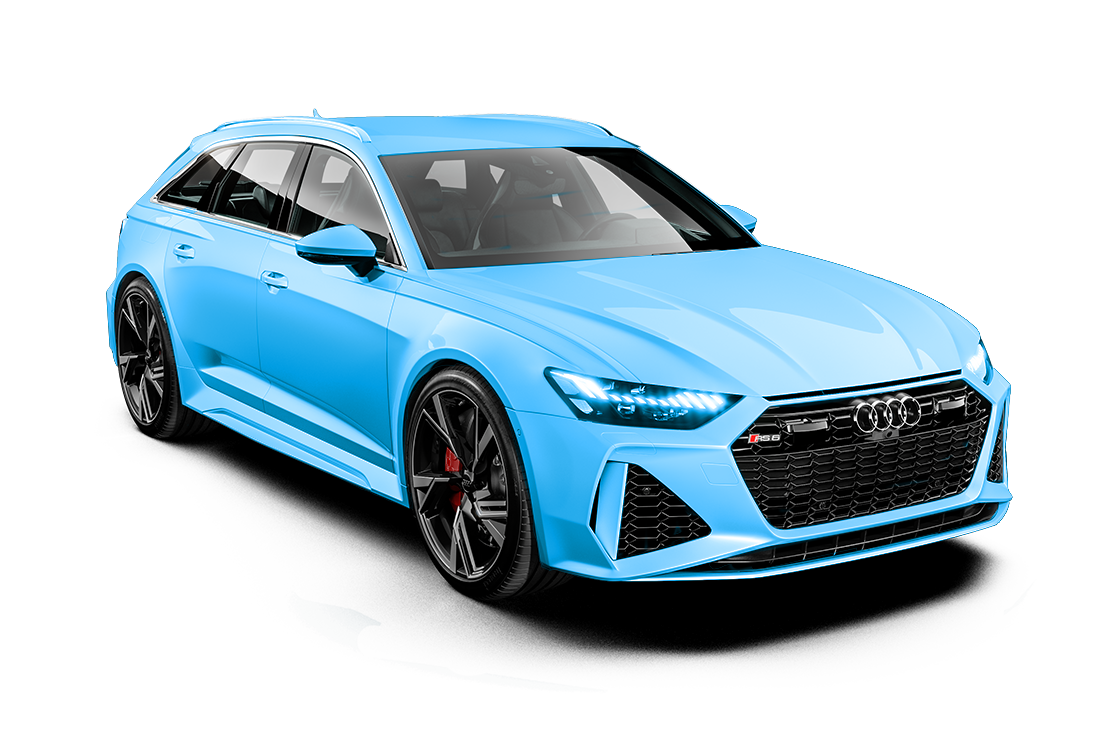 Light blue Audi RS6 Avant station wagon with black wheels.