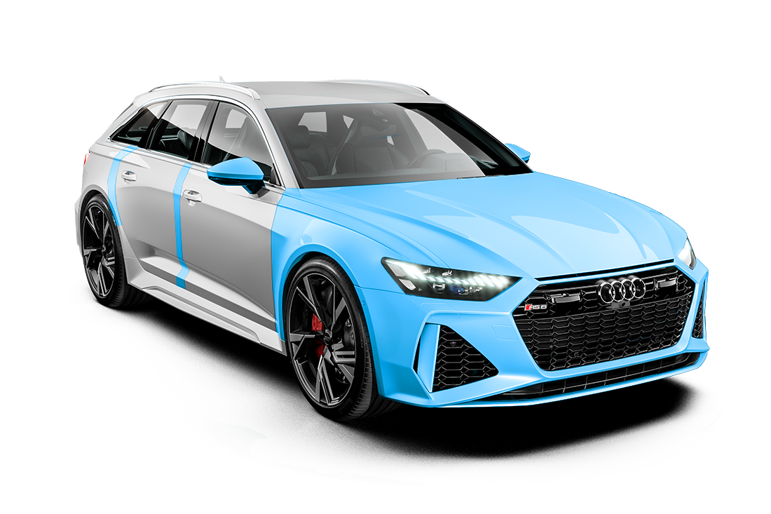 An Audi station wagon, half-wrapped in blue protective film, parked on a white surface.