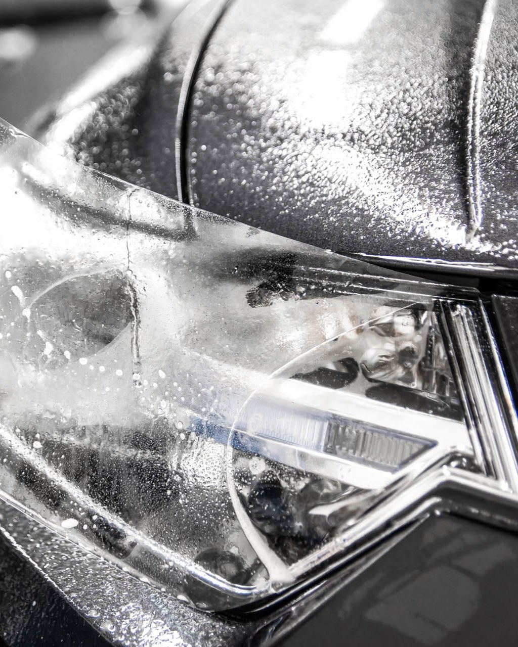 Headlight of a vehicle with protective film being applied, close-up shot, chrome detailing.