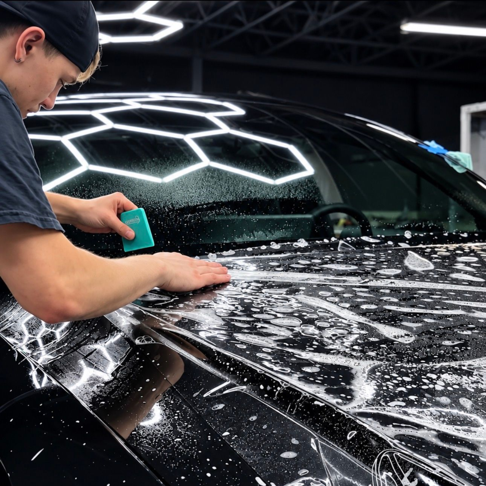 Person washing a black car with soap suds in a garage