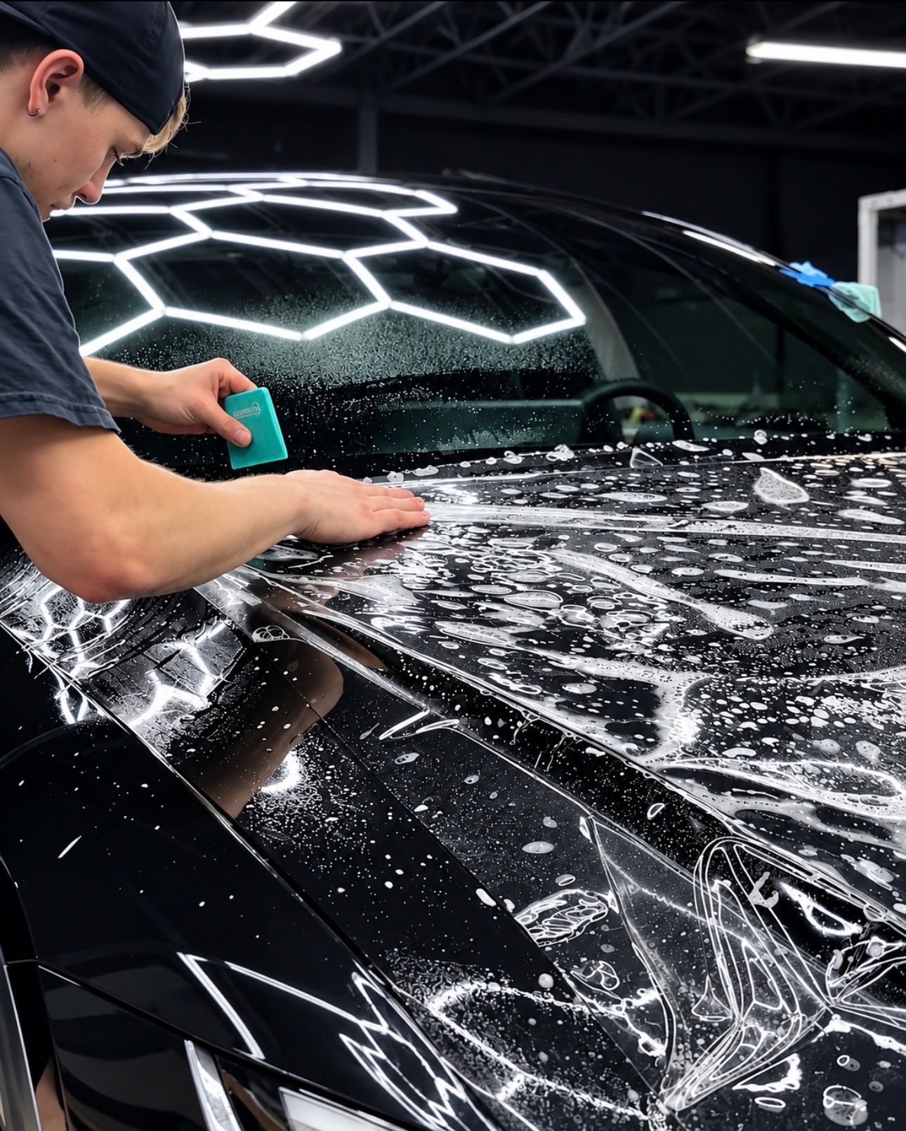 Person hand-washing a black car with soap foam in a garage
