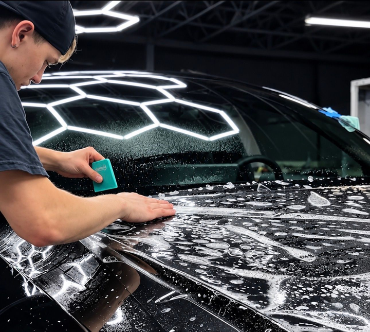 Person washing a black car with soap foam under bright geometric lights