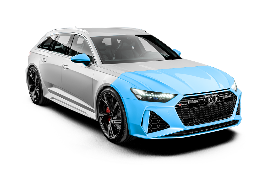 Silver Audi station wagon with blue paint protection film applied to the front.