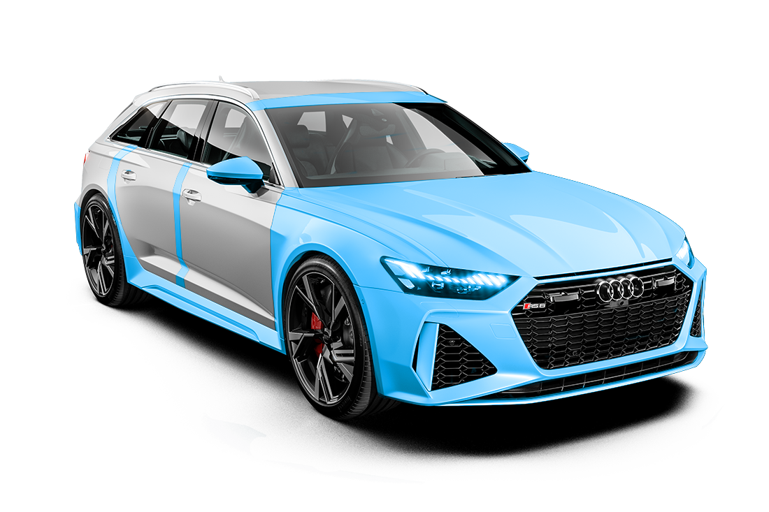 Light blue Audi station wagon with black wheels and red calipers, partly covered in white.