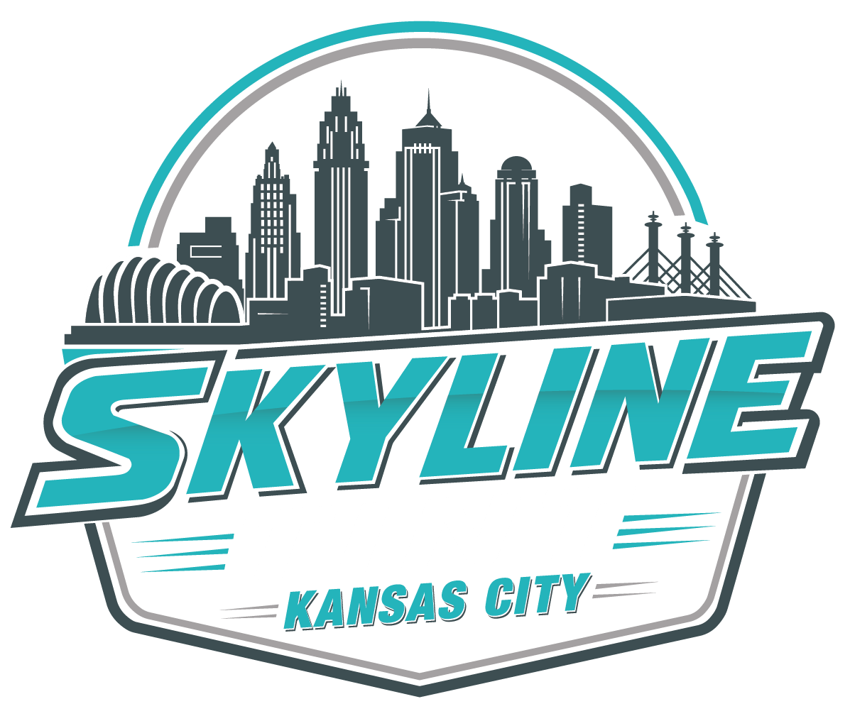 Kansas City skyline logo with teal “SKYLINE” text and gray city silhouette