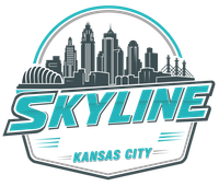 Kansas City skyline logo with teal “SKYLINE” text and gray city silhouette