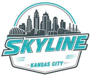 Kansas City skyline logo with teal “SKYLINE” text and gray city silhouette