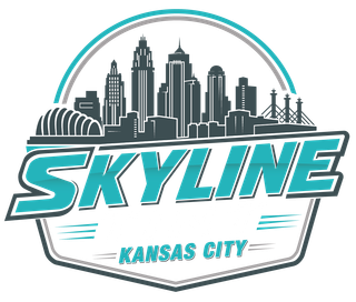 Kansas City skyline logo with teal “SKYLINE” text and gray city silhouette