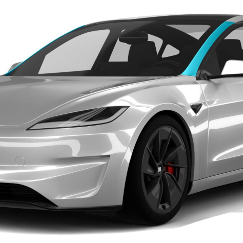 Silver sports car with black roof and bright blue accent, shown in side view on white background