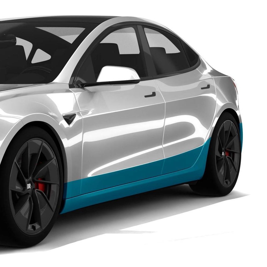 Silver sedan with black roof and wheels, blue lower side panel, shown in side view.
