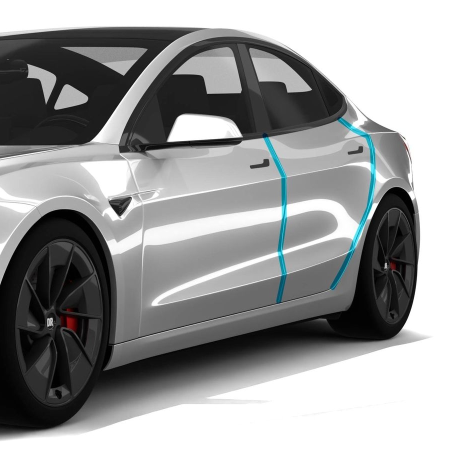 Silver sports sedan with black wheels and blue trim lines on a white background