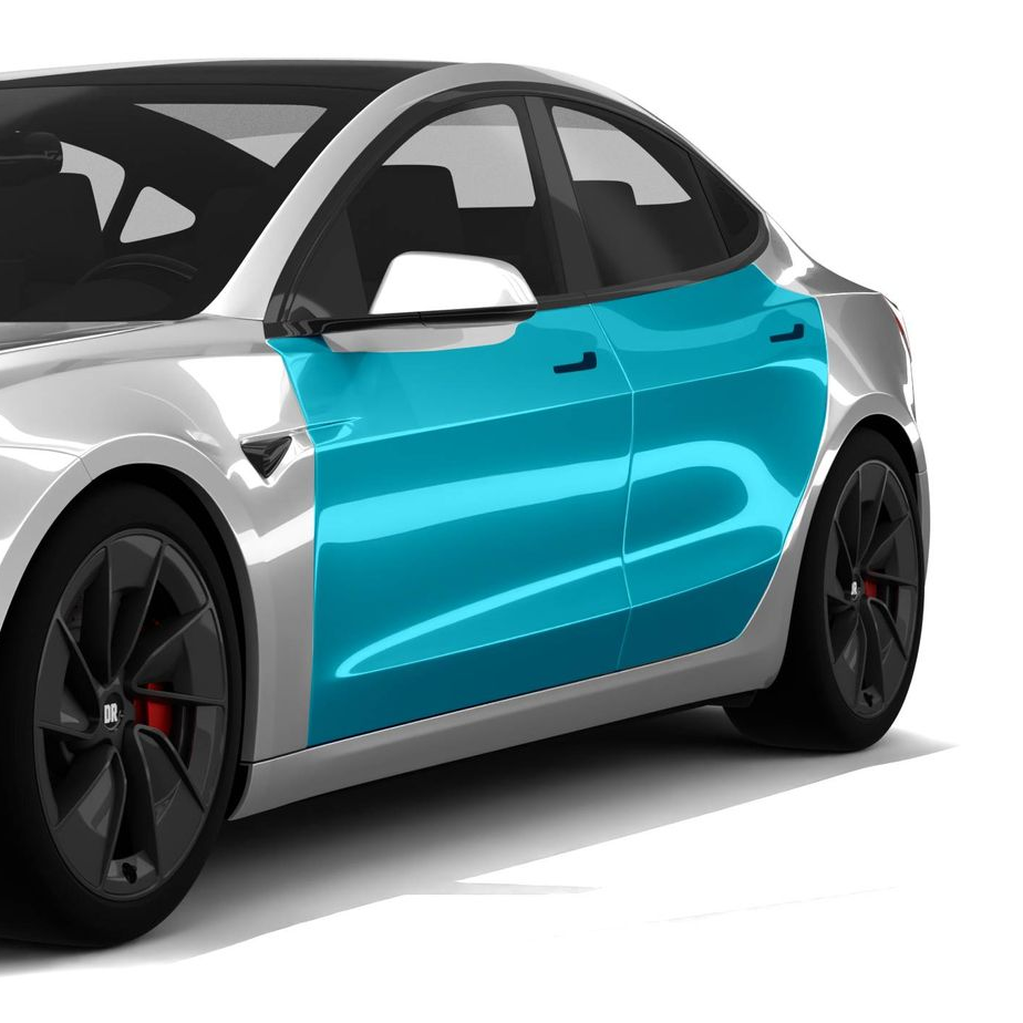 Silver sedan with a bright blue side panel and black wheels, shown in a studio-style view