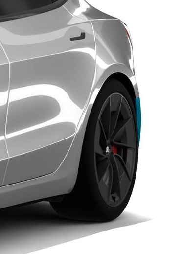 Rear view of a silver sports car showing the rear wheel and fender detail