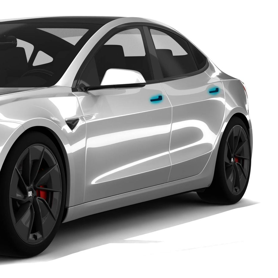 Silver electric sedan with black wheels and blue accents on a white background