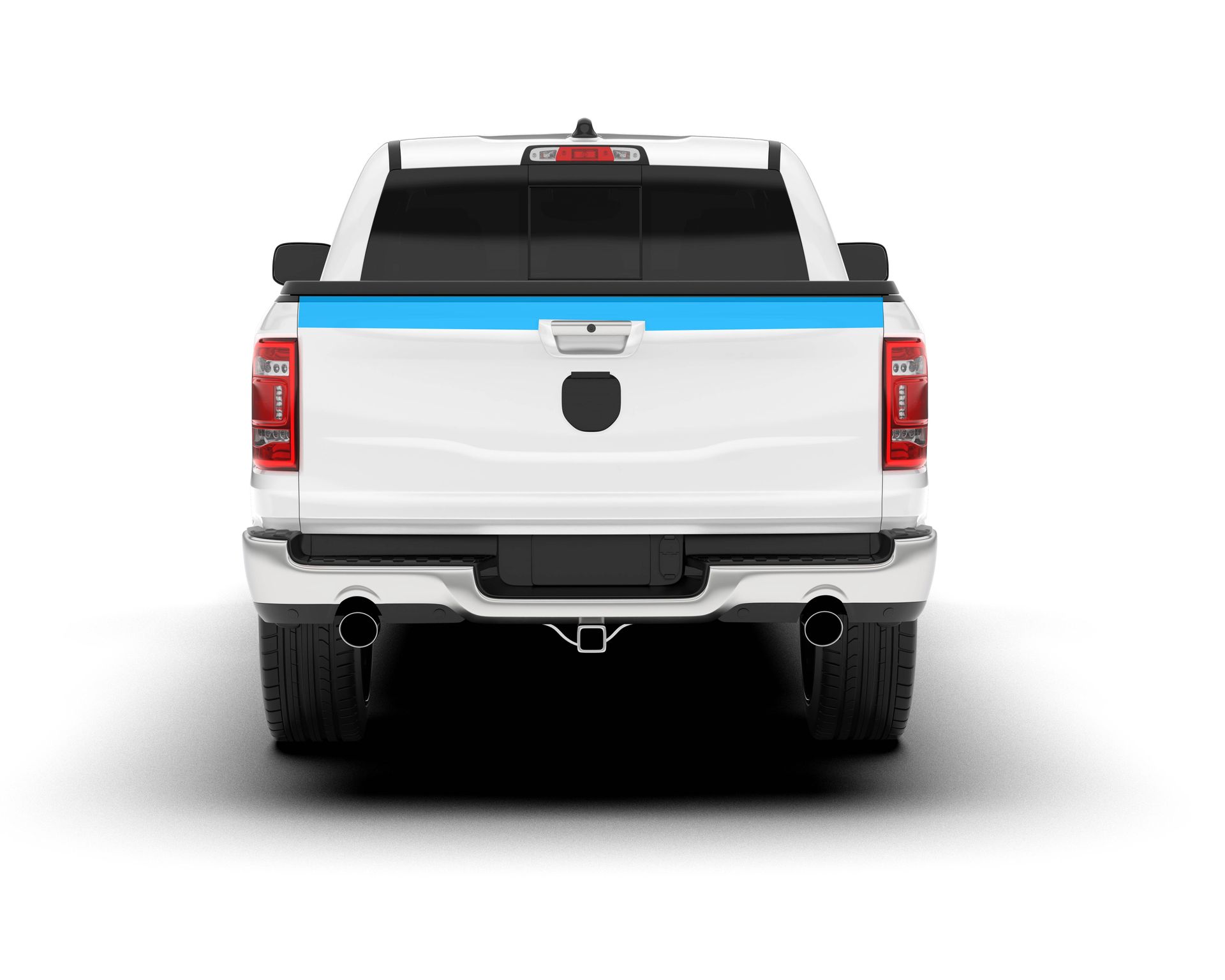 Rear view of a white pickup truck with blue accent stripe and chrome bumper