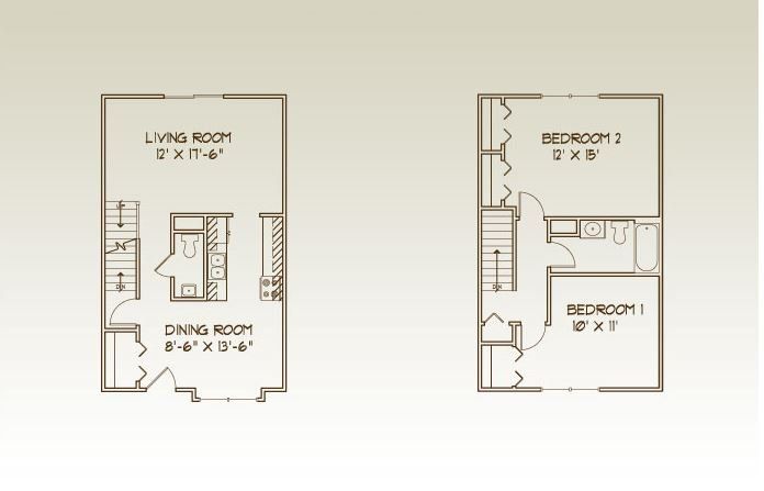 Floor plan: Two-story home layout. First floor: living, dining, and kitchen. Second floor: two bedrooms and bathroom. Floor plan: Two-story home layout. First floor: living, dining, and kitchen. Second floor: two bedrooms and bathroom.