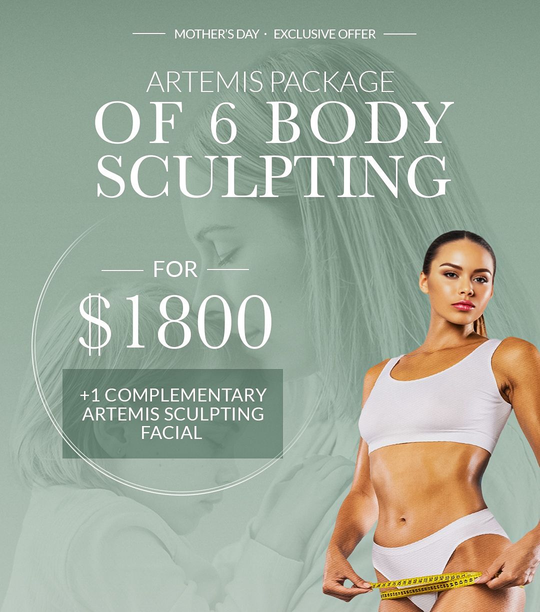 Advertisement for a 6 body sculpting package for $1800, with a woman holding a measuring tape on a mint green background