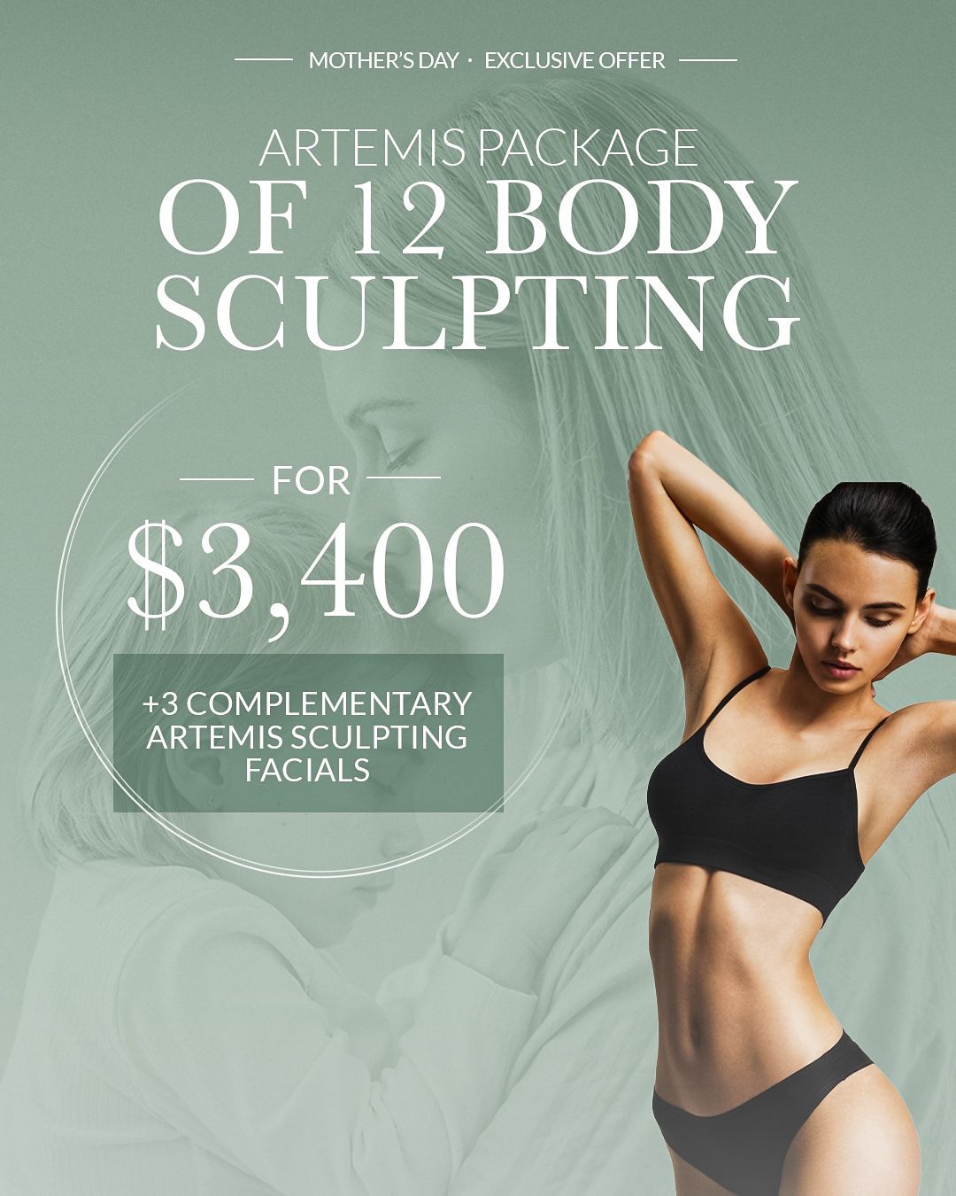 Artis Massage 12 body sculpting for $3,400, with 3 complimentary facial sessions; model in black swimwear