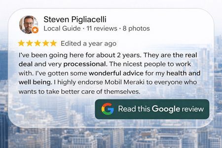 Google review by Steven Pigliacelli for Mobil Meraki, with five stars and text praising the business.