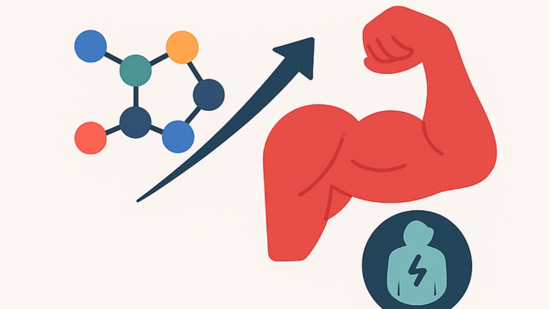 Molecule with an upward arrow towards a flexed bicep, and a silhouette with lightning.