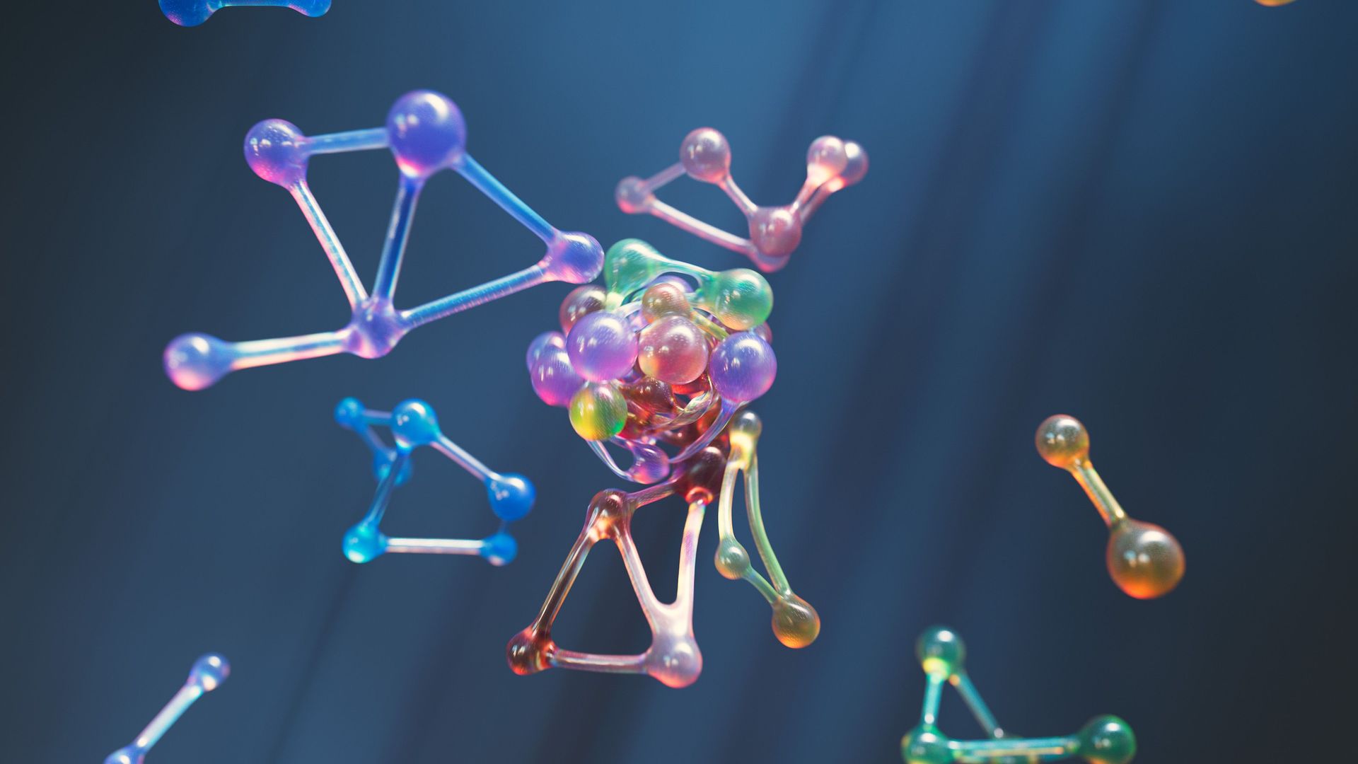 Colorful molecular network with glowing nodes and links on a dark blue background