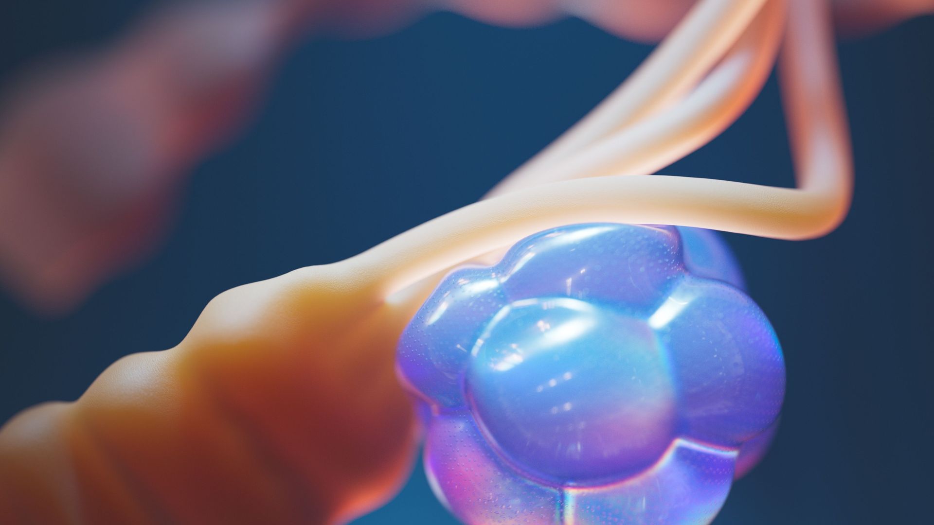 Close-up of a glowing blue-purple cluster wrapped in a golden ribbon against a dark background