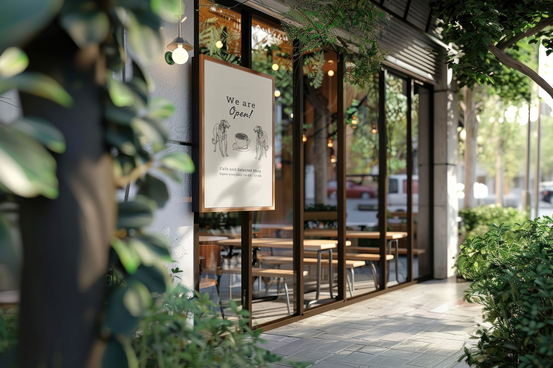 Cozy café storefront with glass windows, wooden chairs, and greenery along a sunlit sidewalk
