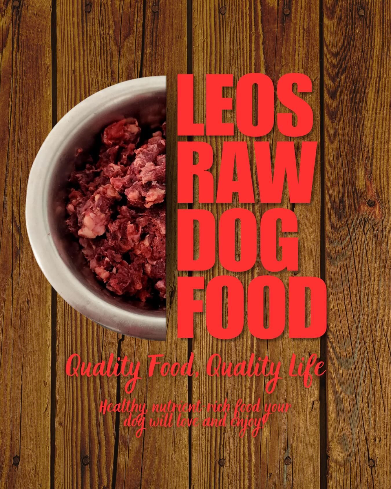 A bowl of raw meat next to red text reading 