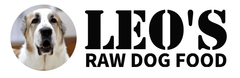 Logo: Dog in a circle next to "LEO'S RAW DOG FOOD" in bold, black stencil font.