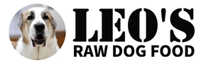 Logo: Dog in a circle next to "LEO'S RAW DOG FOOD" in bold, black stencil font.