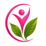 Pink wellness logo with a stylized person and green leaves inside a magenta circle