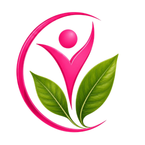 Pink stylized human figure with green leaves inside a circular swoosh logo