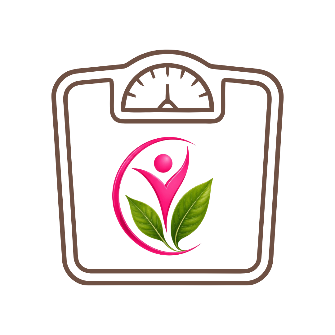 Pink and green wellness logo on a white bathroom scale icon