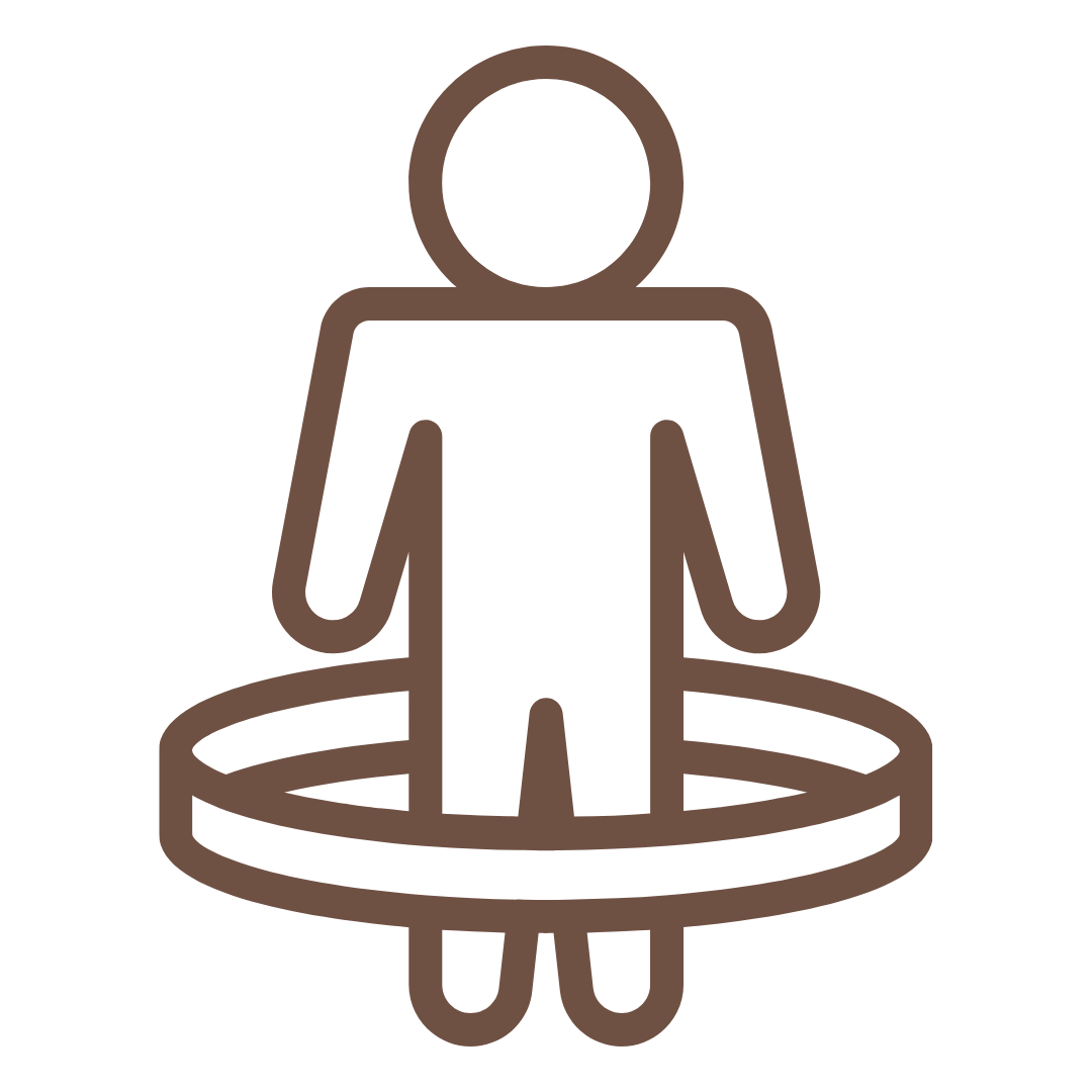 Brown outline icon of a person standing inside a circular ring
