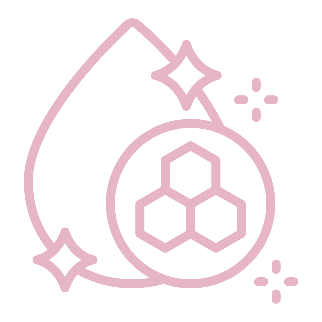 Pink outline icon of a leaf and circle with three hexagons and sparkles, suggesting eco-friendly skincare or wellness