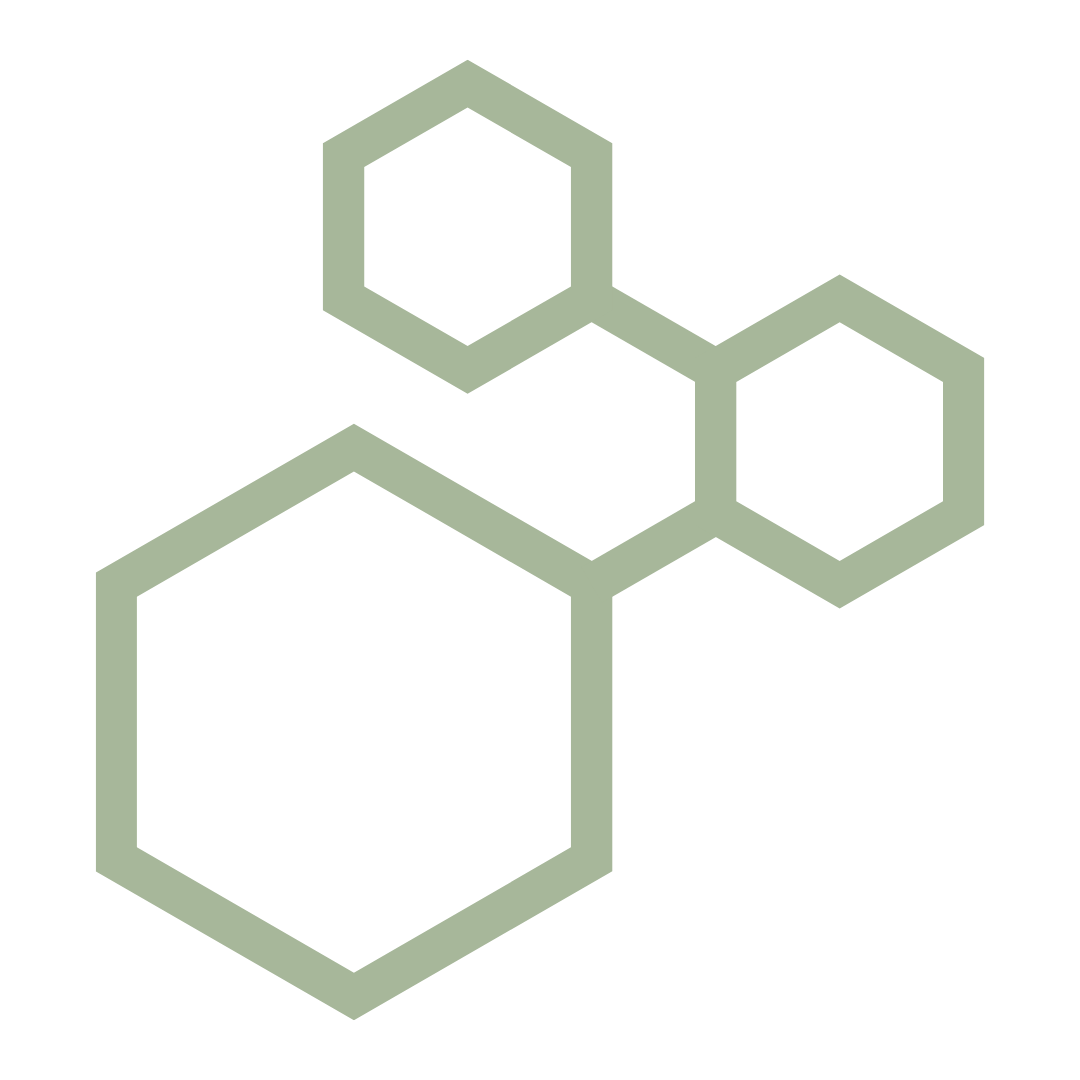 Three pale green outlined hexagons connected in a simple geometric design on a white background
