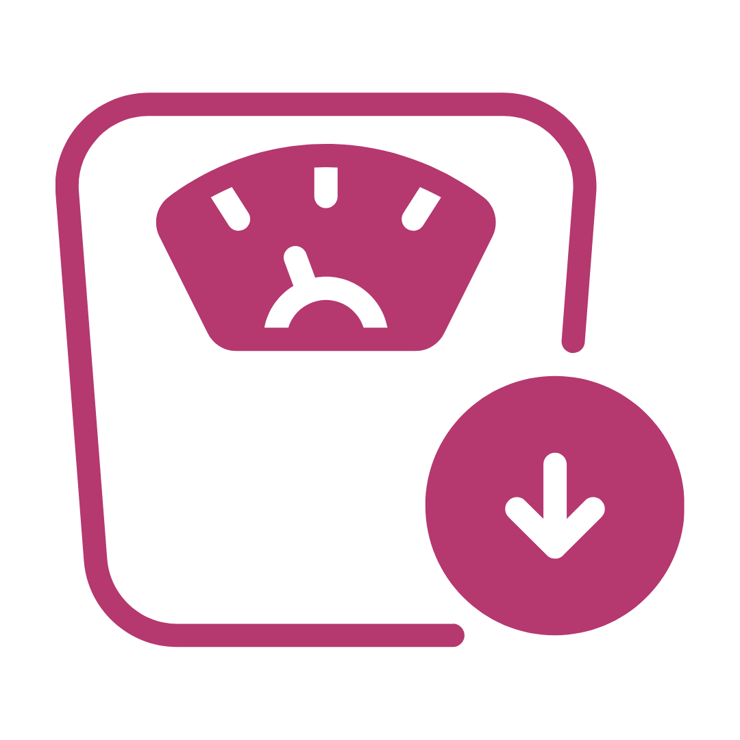 Magenta gauge icon with a down arrow in a circle, indicating low status or download.