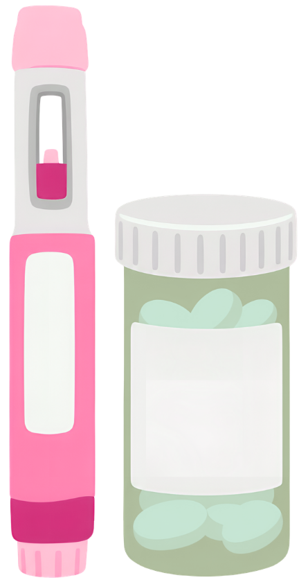 Pink and white pill organizer with a clear container of green pills