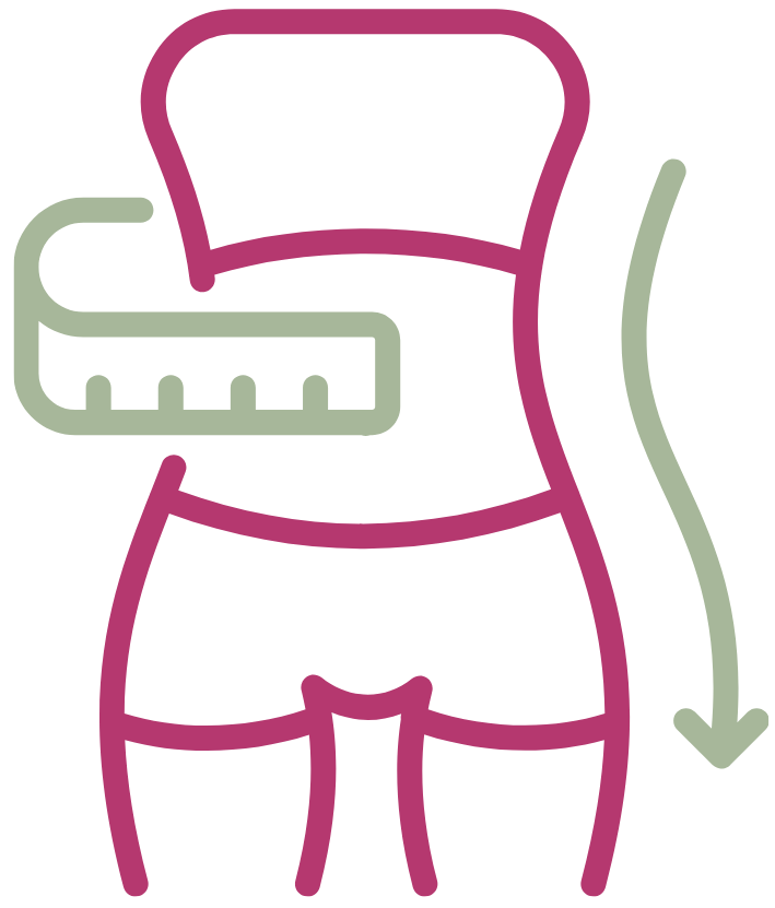 Tape measure around a torso, with a downward arrow indicating weight loss or measurement.