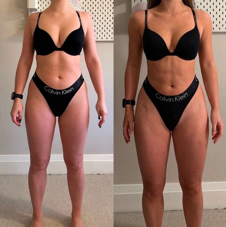 A before and after photo of a woman in calvin klein underwear