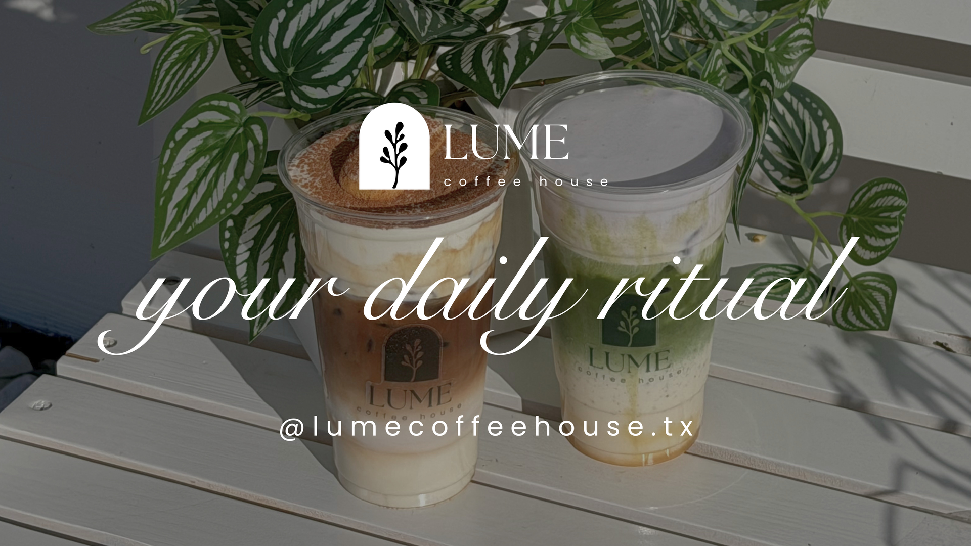 Iced coffee on a white table with the text “your daily ritual” and “lume coffee house.”