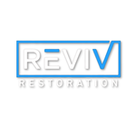 The REVIV Restoration logo in white and blue text centered inside a thin blue rectangular frame on a black background.