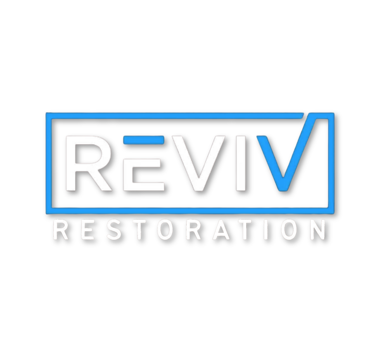 The REVIV Restoration logo in white and blue text centered inside a thin blue rectangular frame on a black background.