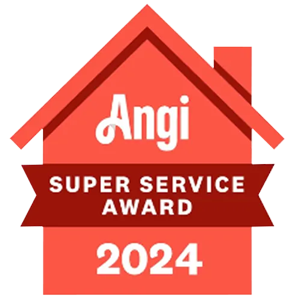 A red house with a red ribbon that says `` angi super service award ''.