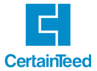 A blue and white logo for certainteed on a white background.