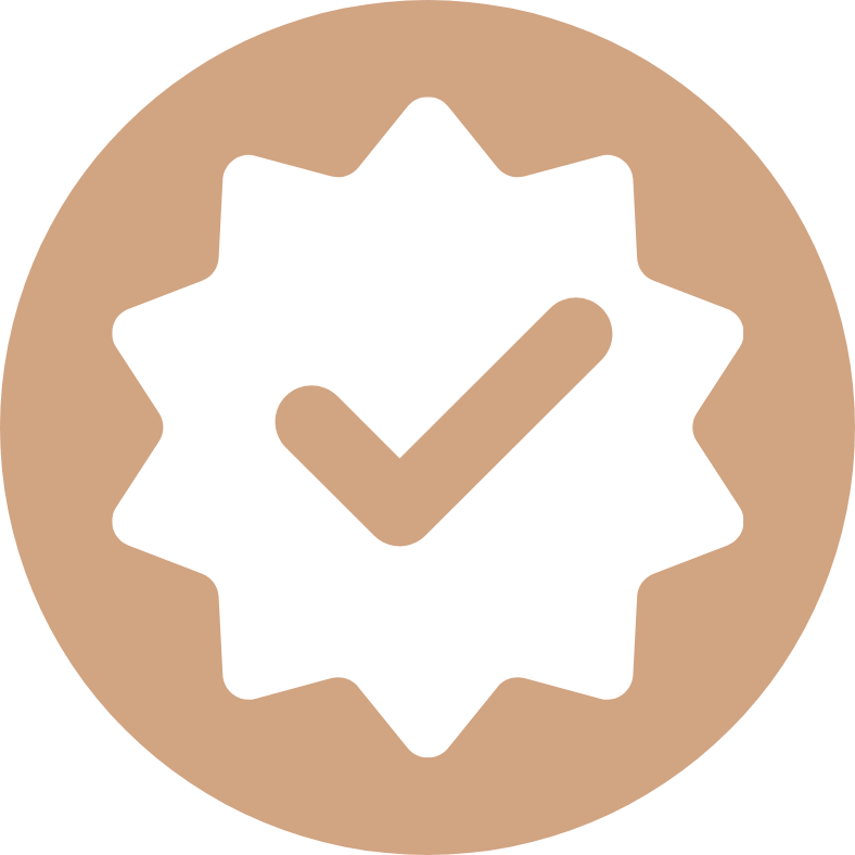 A brown circle with a white check mark inside of it.
